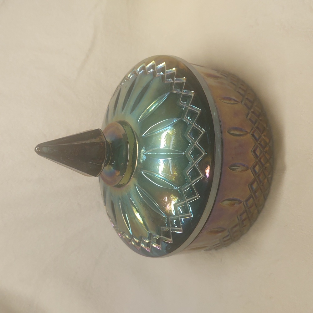 Vintage Candy Dish With Lid Iridescent Blue Rainbow Carnival Glass 1960s EUC - Picture 12 of 12